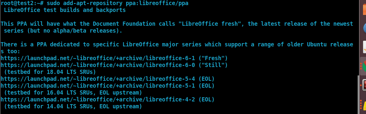 command line output when adding the libreoffice ppa