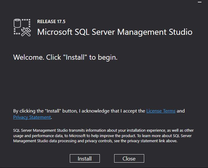 microsoft sql server management studio — smss install screen