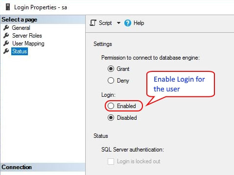 sql management studio — login properties for user