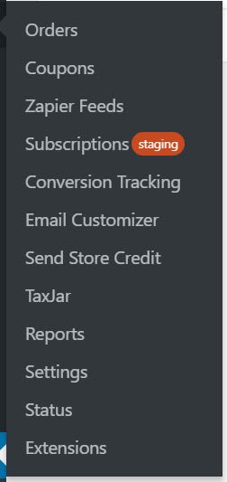 woocommerce staging info menu