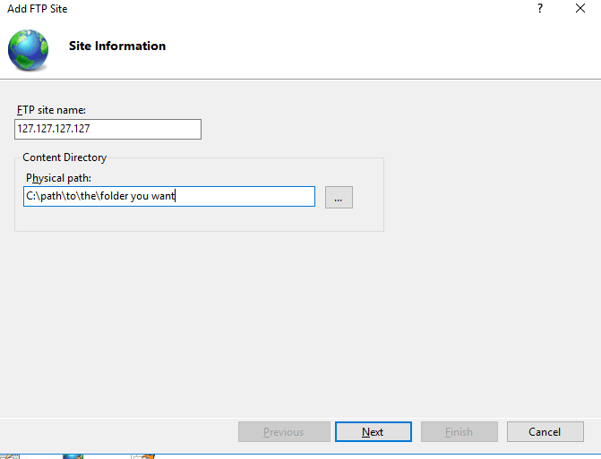 Select a Physical path to ftp site