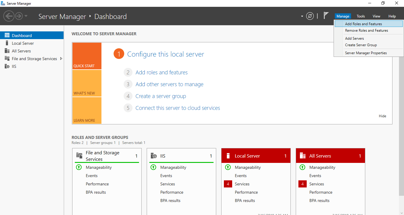 IIS server manager dashboard