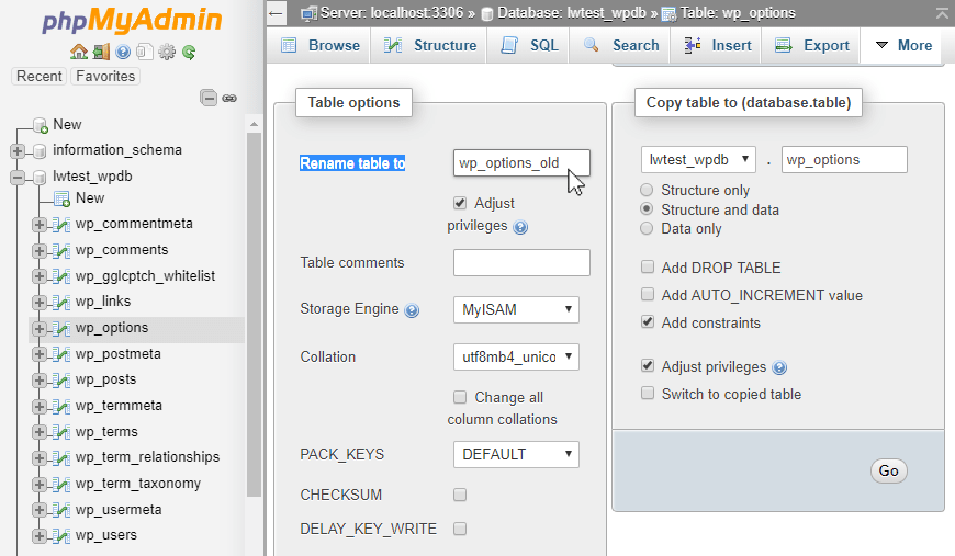 phpmyadmin rename database