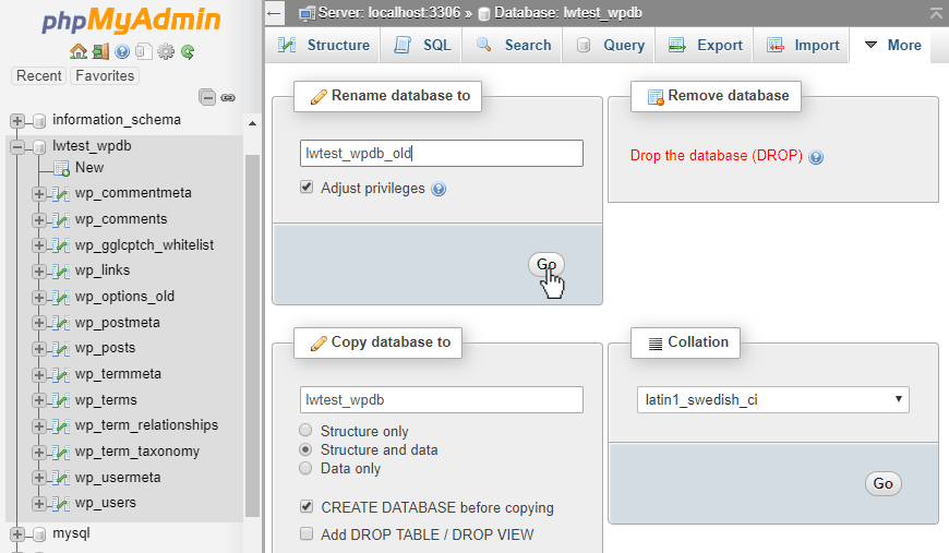 rename database in mysql phpmyadmin