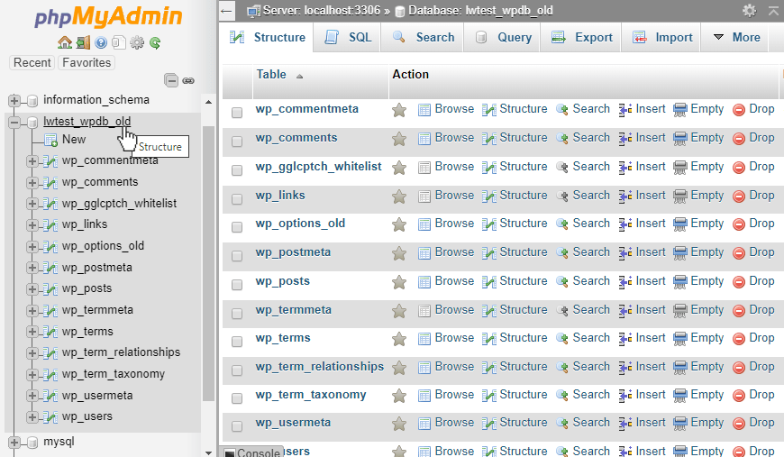 phpmyadmin rename table