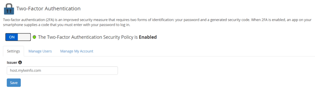 WHM 2FA Settings Enabled