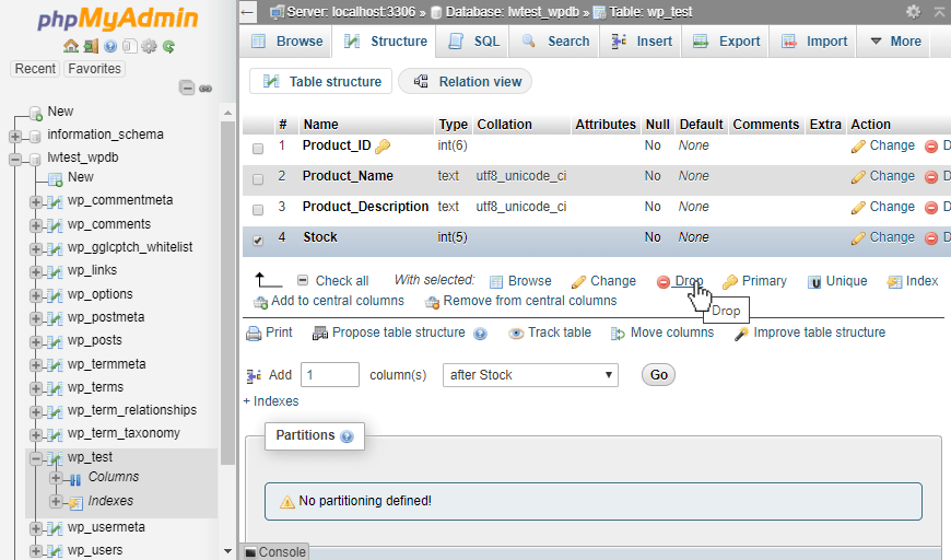 delete table in godaddy phpmyadmin