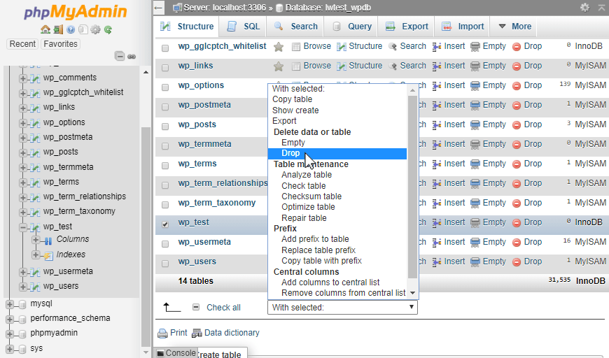 phpmyadmin delete database entry