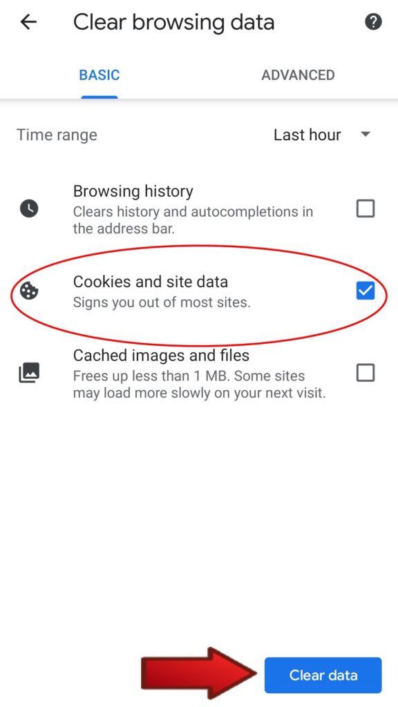 clear your cache and cookies android
