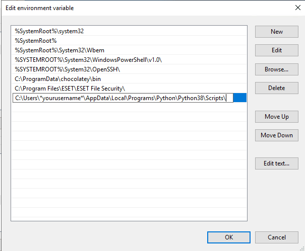 Adding Python path to Windows 10 or 11 PATH environment variable — a new dialog box will open, and you must create a new entry that matches the Path variable from the previous step. However, you will need to add Scripts\ to the end of the entry.