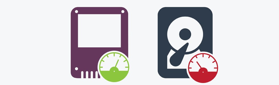 SSD vs HDD disks are shown, SSD speedometer shows higher speed than the HDD speedometer