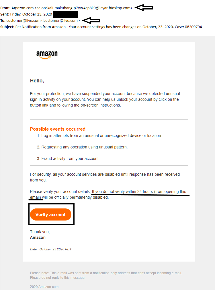 Example of a phishing email. You can see by the sender's email address that this is a phishing scam.