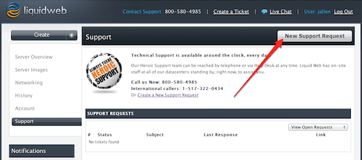 Create a new support request button