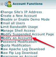 WHM Modify Account Screen