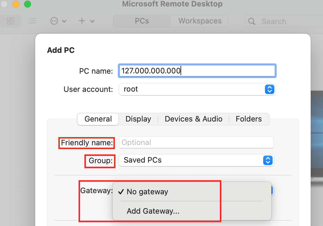 Group: The default will be Saved PCs. You can click the dropdown menu and add a custom Group Name if you would like. Gateway: If a VPN or other connection is necessary for accessing the server, you can click the dropdown menu and add it here. Otherwise, leave the default of No gateway, as in this example.