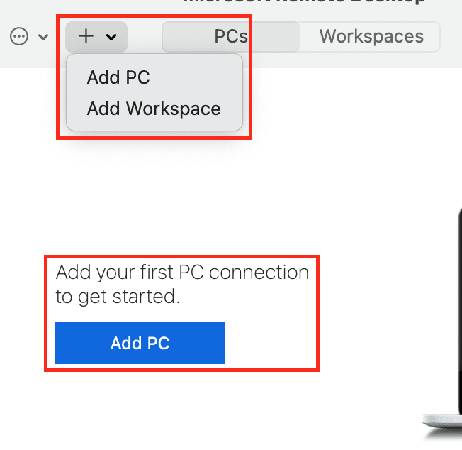 With the program opened, you will either click the plus icon ( + ) at the top or Add PC in the middle of the window to add a new connection (remote desktop — Mac to Windows server configuration).