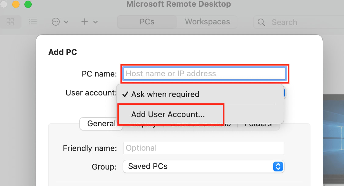 Fill out the highlighted boxes for the Windows server. PC Name: Enter the Windows server’s IP address. User Account: Click the dropdown menu and select Add User Account (remote desktop — Mac to Windows server configuration).
