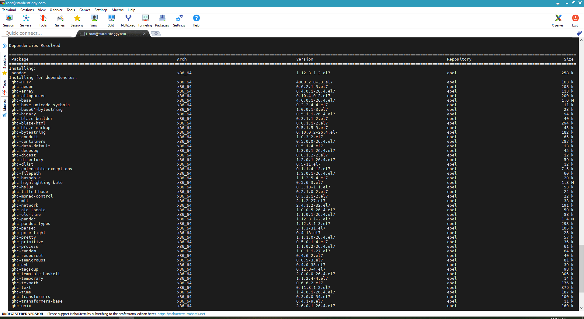 Command line terminal window of Pandoc installation.