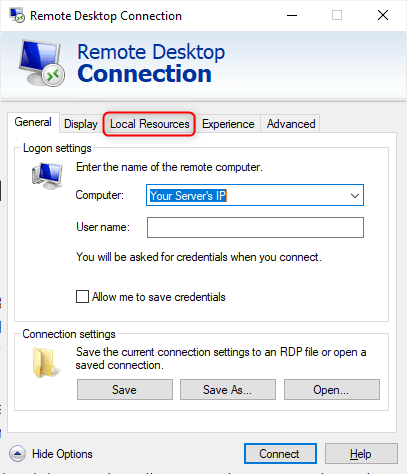 Remote Desktop file transfer — select the Local Resources tab.