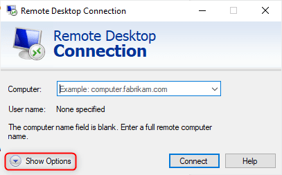 Remote Desktop file transfer — click Show Options to open the tabbed view.