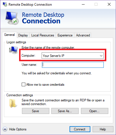 Remote Desktop file transfer — input your server’s IP address in the Computer field.