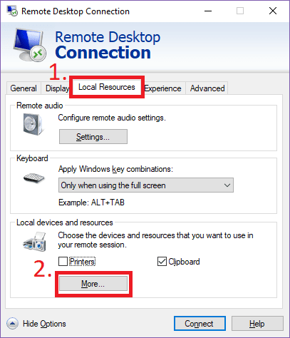 Remote Desktop file transfer — select the More button under Local devices and resources.