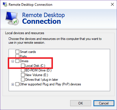 Remote Desktop file transfer — expand the Drives section and click the checkbox next to Local Disk (C:) or all drive arrays that apply to your setup.