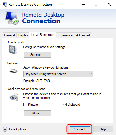 Remote Desktop file transfer — click Connect.