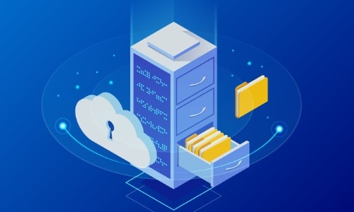 bare metal server illustration of a file cabinet on right with folders coming out and the left side is a cloud with a lock and server rack.