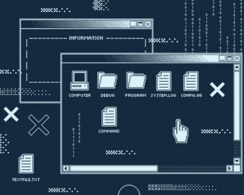 a screen shows the desktop files of a computer using legacy software