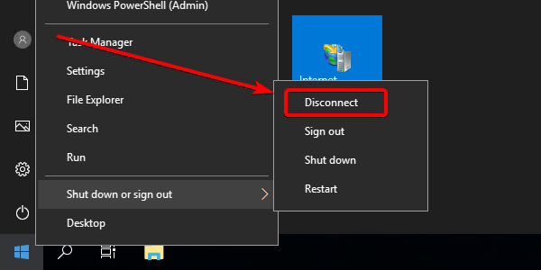 Remote Desktop file transfer — alternatively, press Windows + X or right-click the Windows Start button to bring up the menu. Then, click Shut down or sign out and select Disconnect.