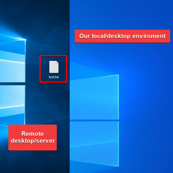 Remote Desktop file transfer — the image shows the remote connection on the left-hand side and a local desktop session on the right. The test.txt file in the remote connection will transfer to the local desktop session for this tutorial.