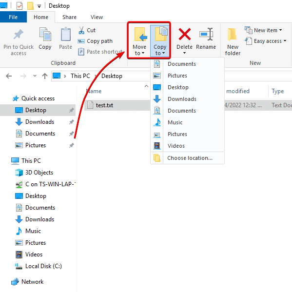 Remote Desktop file transfer — select either Move to or Copy to. Moving files or directories is the same as the cut option.