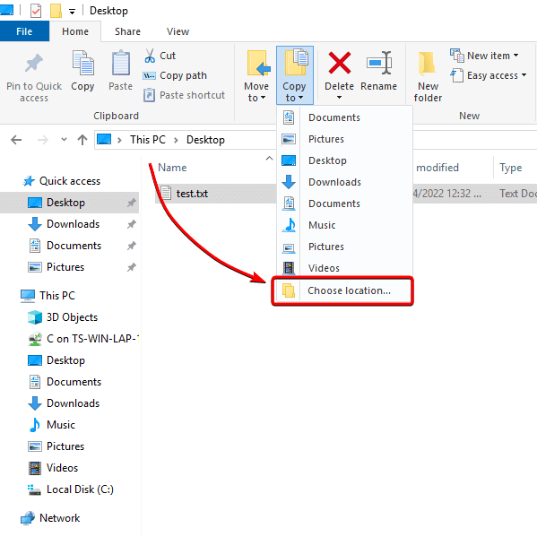 Remote Desktop file transfer — select the location from the dropdown menu, or click Choose location to select a specific location.