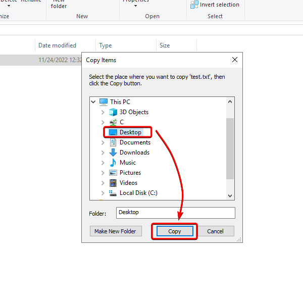 Remote Desktop file transfer — select the destination you want to copy the file or folder, and click Copy.