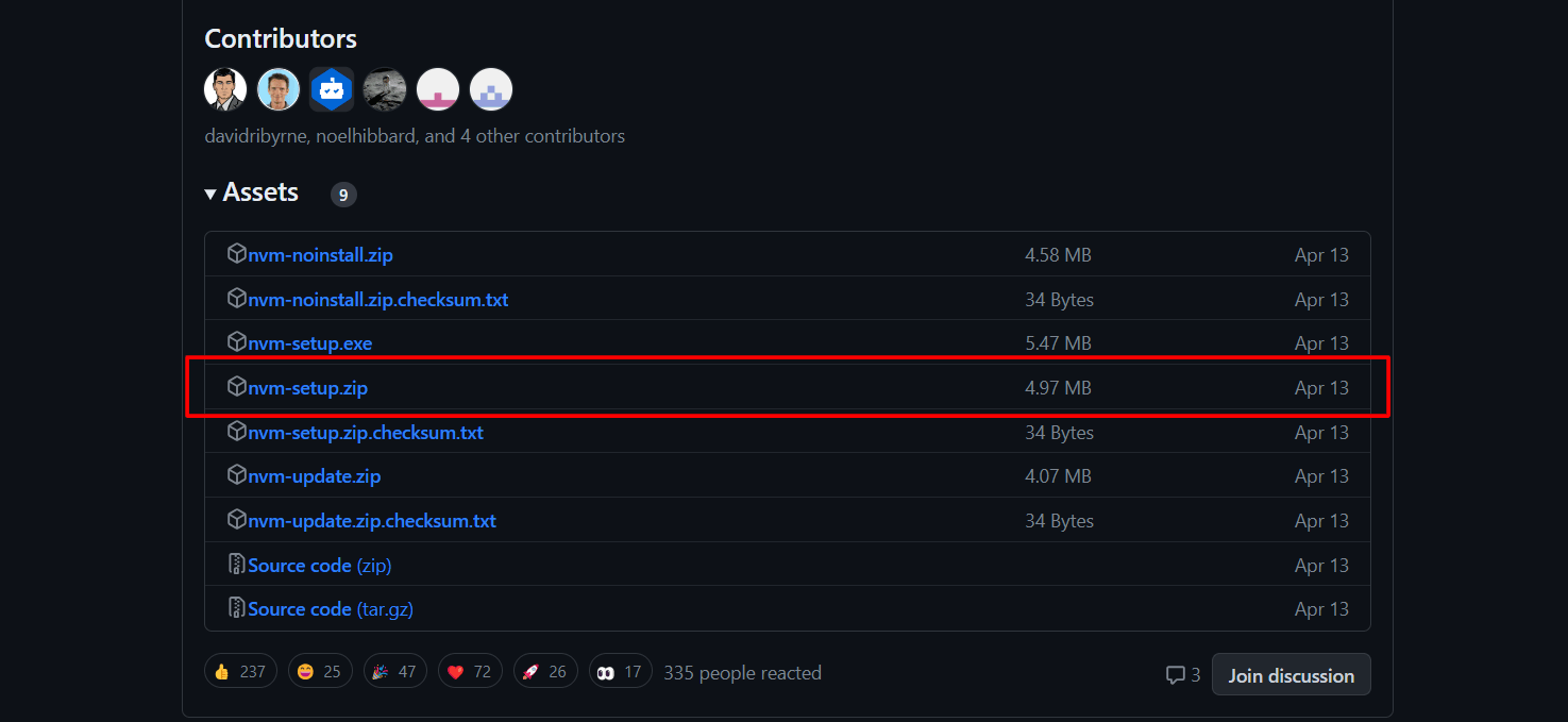 To install NVM on Windows, first, you need to download the setup file from the official GitHub page. You need to go to the Releases Page for NVM - Windows Edition and download the nvm-setup.zip compressed set of files by scrolling down to the Assets table.