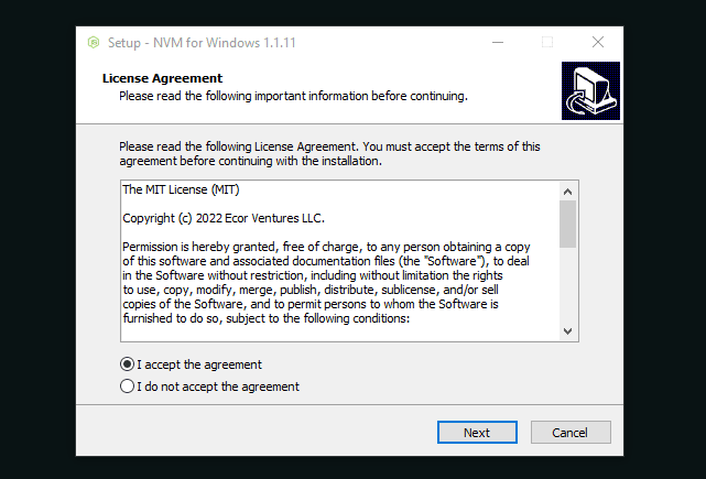 Open the executable file to run the installer, select the “I accept the agreement” radio button option, and click the Next button.