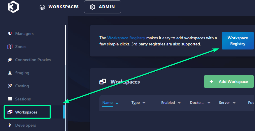 Next, go to the Workspaces page and then click Workspace Registry. You can think of this as a repository from which you can install other Docker images easily.