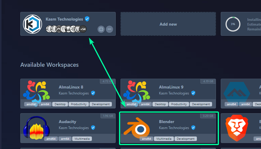 By default, one official registry from Kasm has already been added with images ranging from full desktop environments to standalone applications. These Docker images can be added to your workspace, which will be seen in your user's environment. For this example, select Blender.