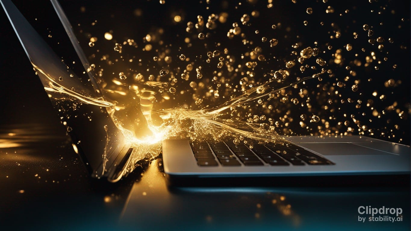 Stable Diffusion AI image generator: MacBook Pro where the screen is exploding with sparks and liquid web, black background with smoke blowing, ultra-realistic, film grain, cinematic, weta fx, photorealism, atmospheric lighting, anamorphic lens flare, motion blur, ultra quality, motion, action, dramatic, 8K UHD