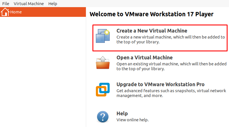 After you open the application, select the first option titled Create a New Virtual Machine. You will then need to provide an Ubuntu image to complete the setup wizard for the new machine.