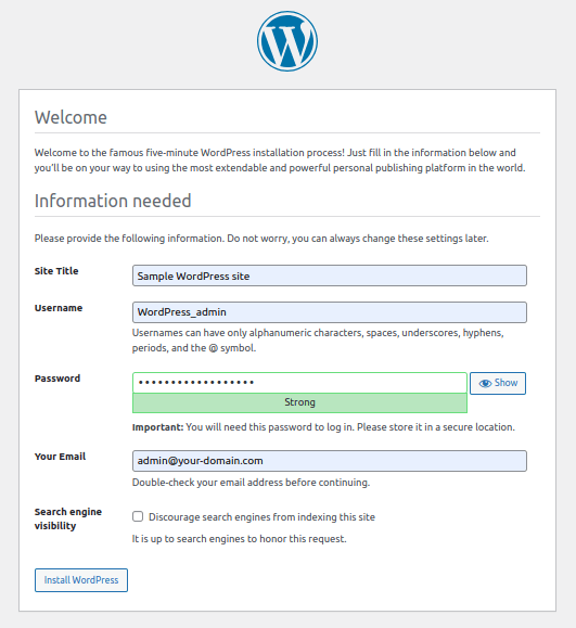 Provide the requested details and click on the Install WordPress button.