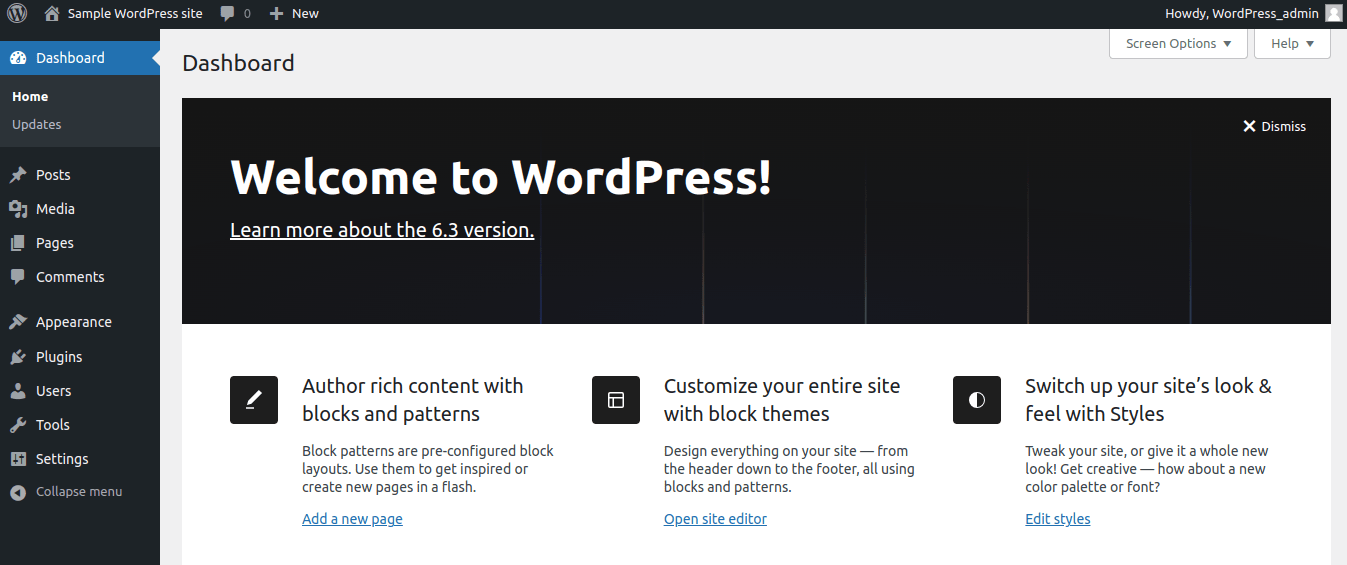 On the page that appears, you will see the WordPress Admin Panel Dashboard.