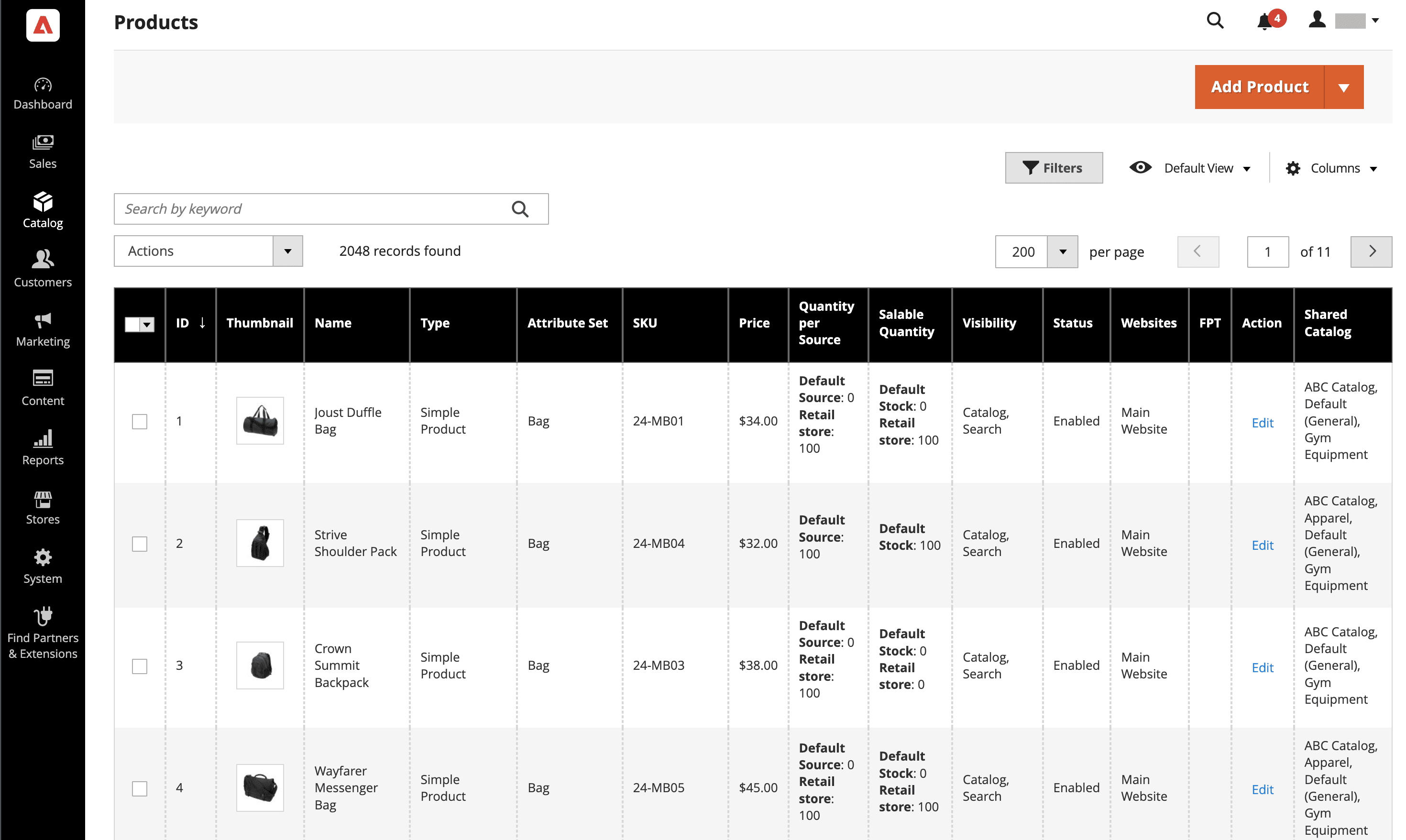 Product lists are in the catalogs section of the admin panel.