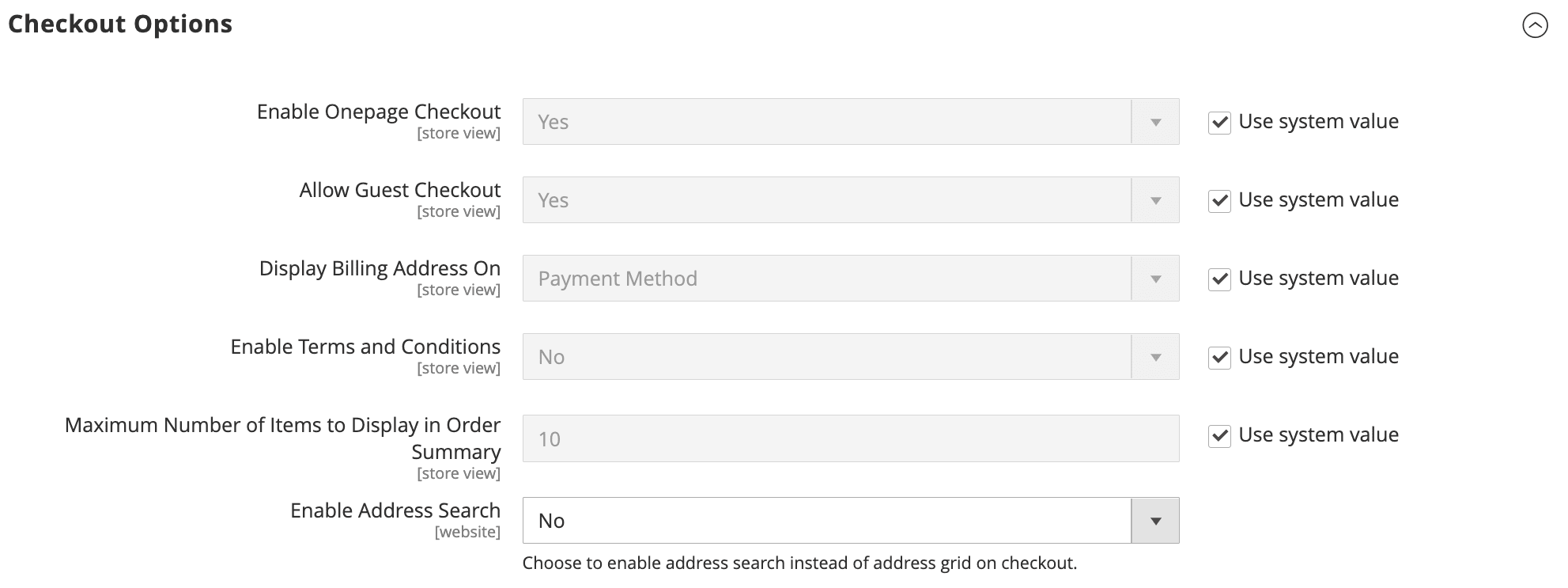 The Magento admin controls for checkout.