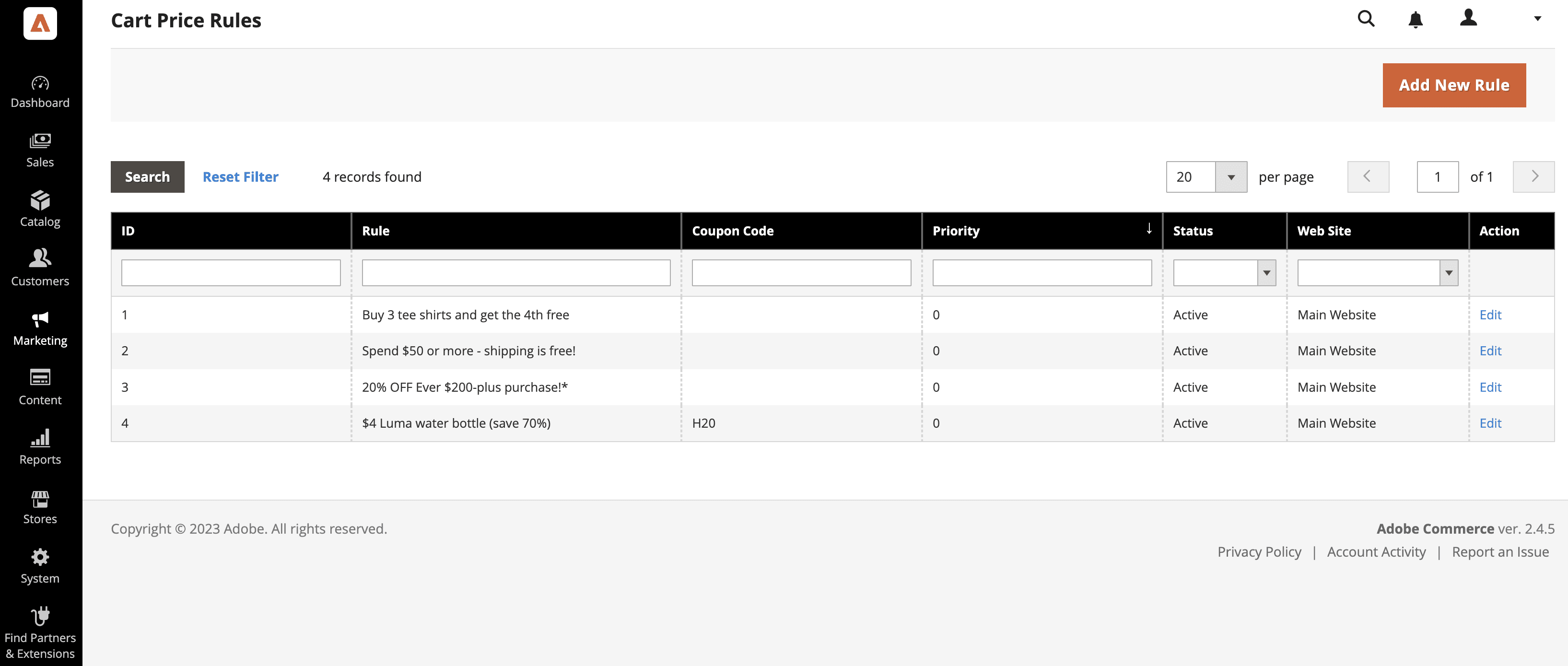 The cart price rules section is a table with a button to add a new rule.