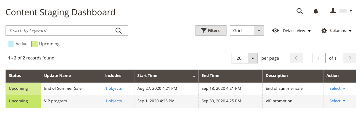 The content staging dashboard displays status, start and end times, and task descriptions.