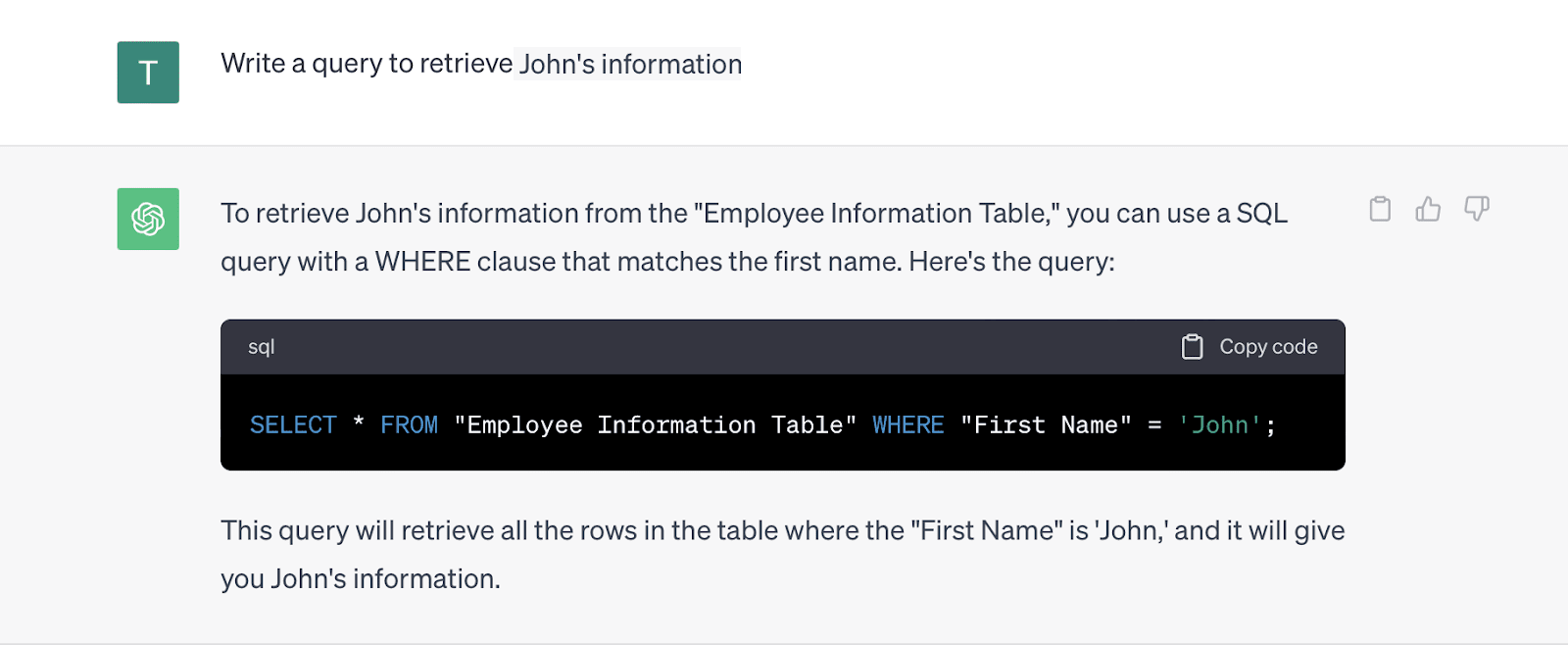 Large language models tutorial — here is a a sample query to retrieve data of specific employee.