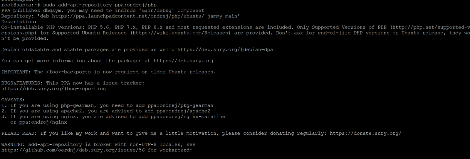 Install PHP on Ubuntu. Press the Enter key when the system prompts you to. This allows your system to use the repository as a source for new software.