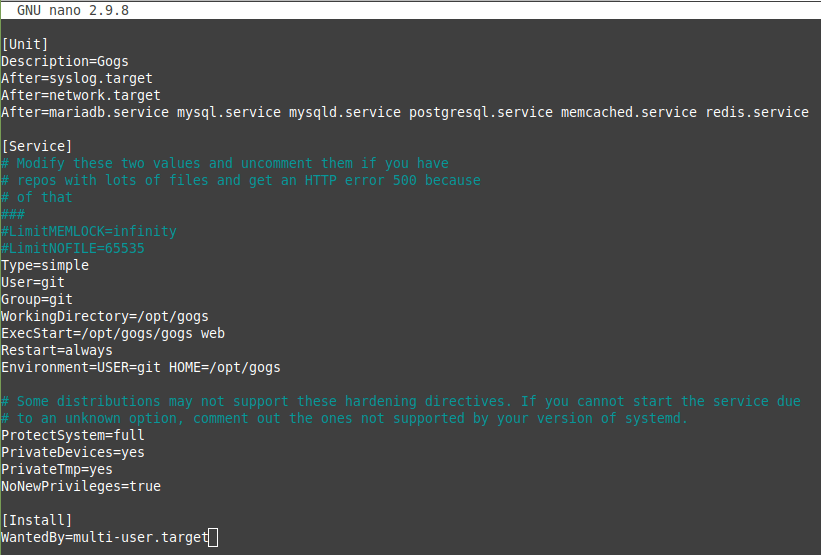 Use any text editor to edit the newly created gogs.service file. For example, you can use nano to open and edit the unit file.